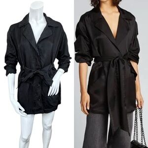 Cinq A Sept Kiera Black Satin Tie Waist Ruched Long Sleeve Blazer Trenchcoat XS